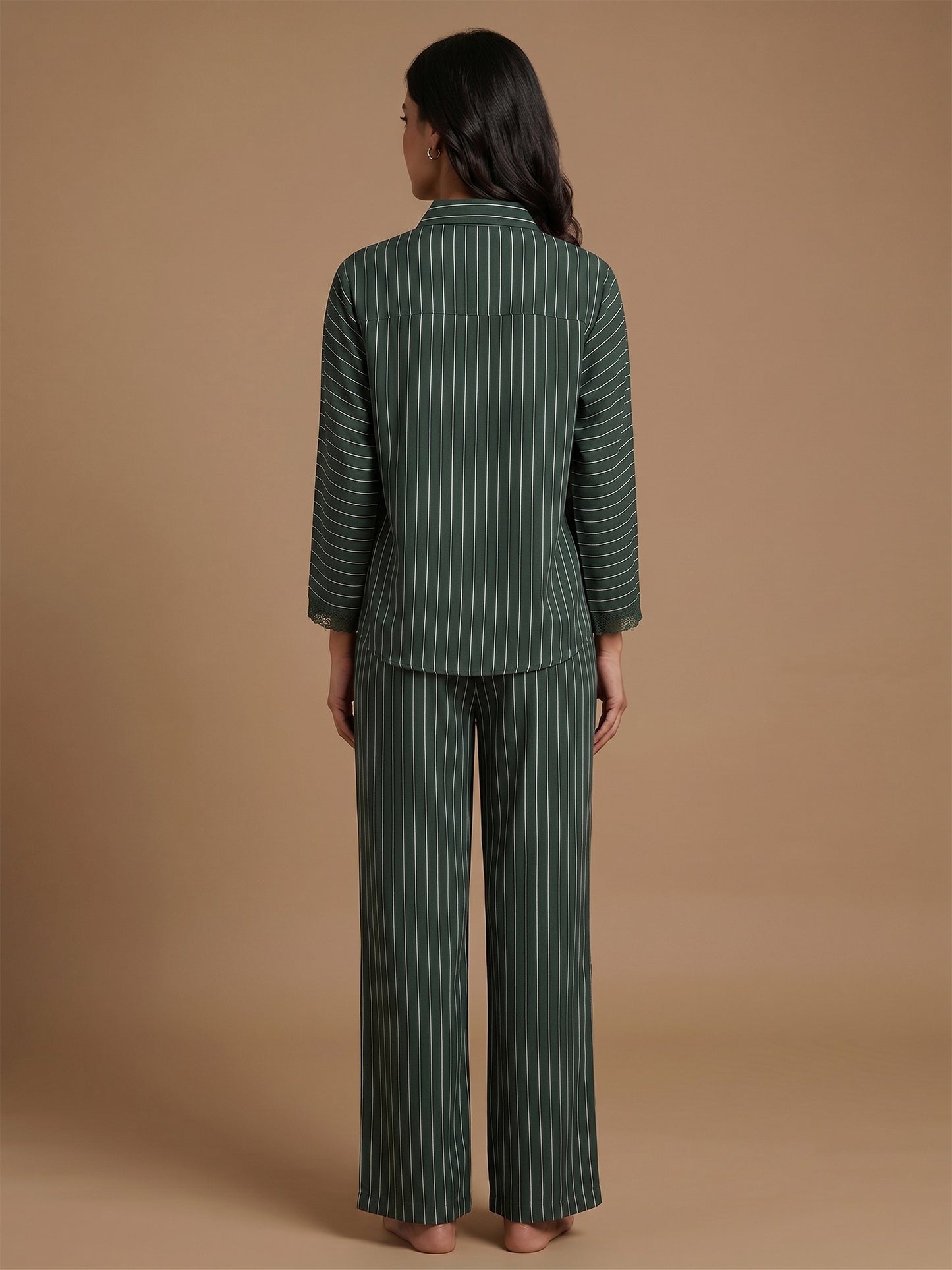 Fablush Front Open Full Sleeves Nightsuit Women's Nightwear Set | Fb17105 Green Stripe