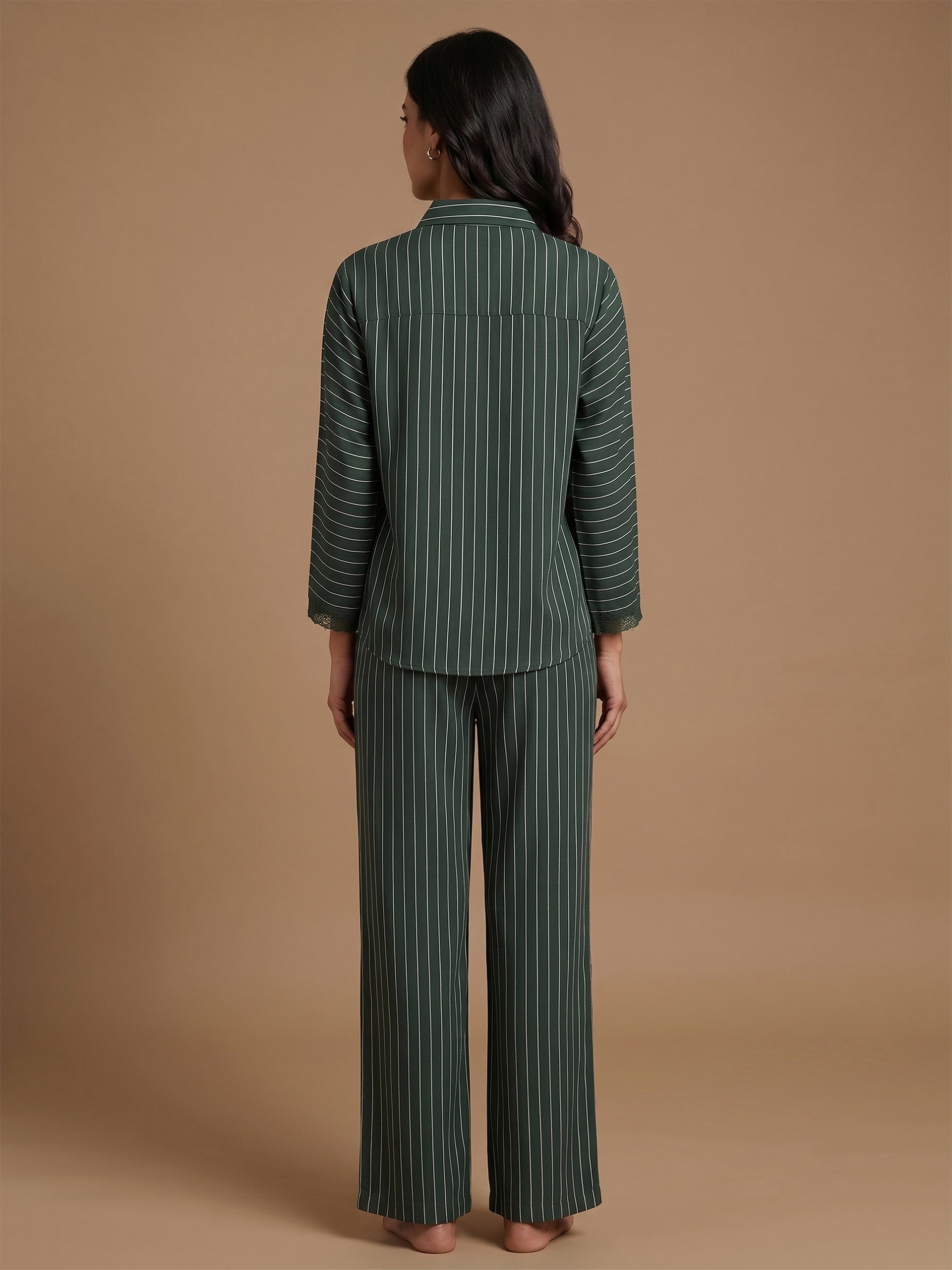 Fablush Front Open Full Sleeves Nightsuit Women's Nightwear Set | Fb17105 Green Stripe