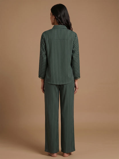 Fablush Front Open Full Sleeves Nightsuit Women's Nightwear Set | Fb17105 Green Stripe