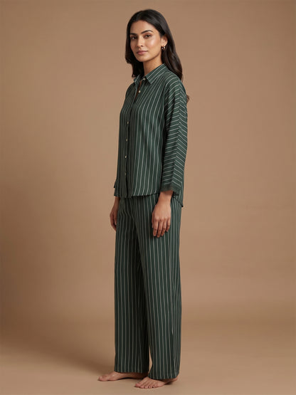 Fablush Front Open Full Sleeves Nightsuit Women's Nightwear Set | Fb17105 Green Stripe