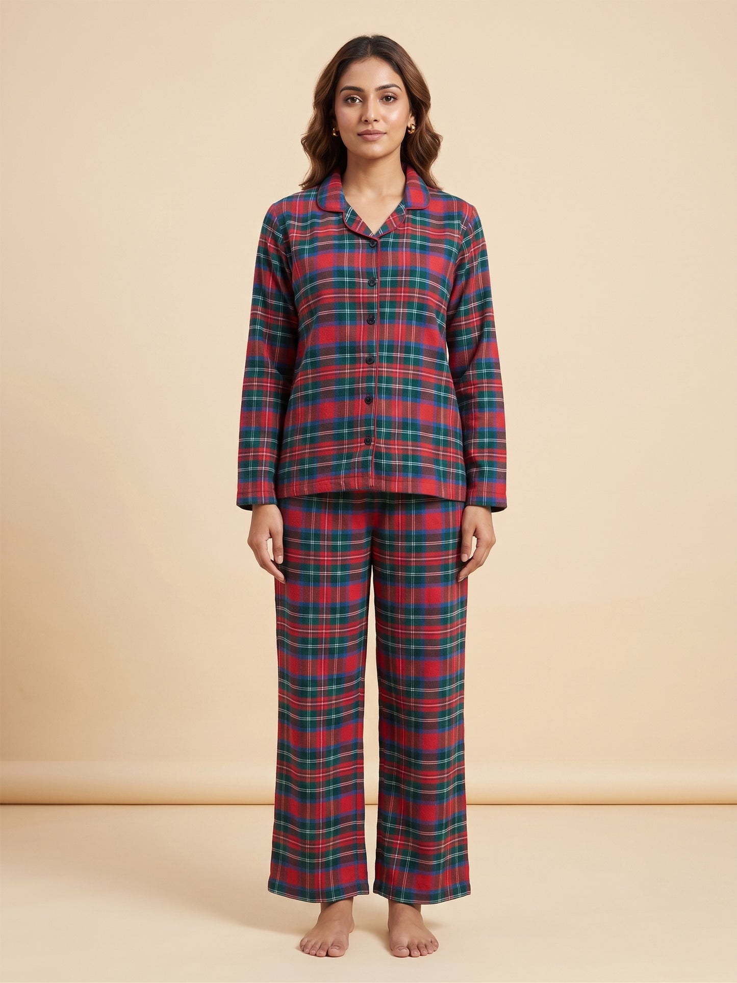 Fablush Front Open Full Sleeves Nightsuit Women's Nightwear Set | Fb17115 Red Checks