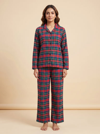 Fablush Front Open Full Sleeves Nightsuit Women's Nightwear Set | Fb17115 Red Checks