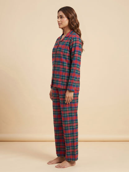 Fablush Front Open Full Sleeves Nightsuit Women's Nightwear Set | Fb17115 Red Checks