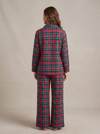 Fablush Front Open Full Sleeves Nightsuit Women's Nightwear Set | Fb17115 Red Checks