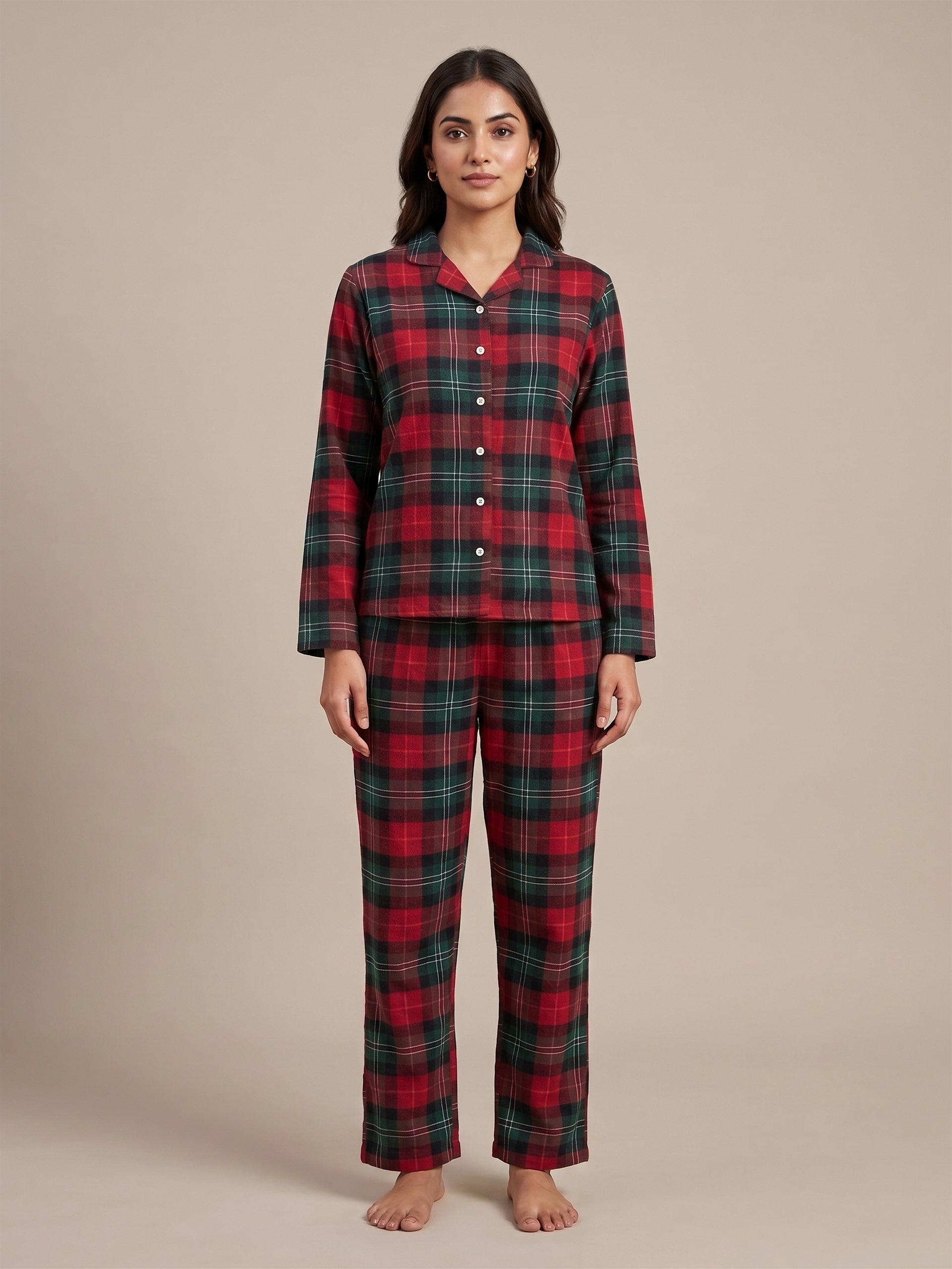 Fablush Front Open Full Sleeves Nightsuit Women's Nightwear Set | Fb17115 Brown Checks