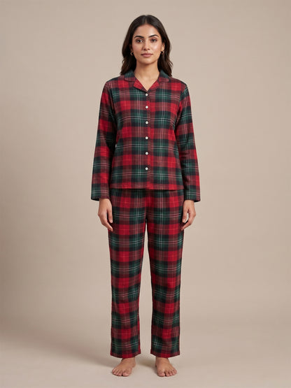 Fablush Front Open Full Sleeves Nightsuit Women's Nightwear Set | Fb17115 Brown Checks