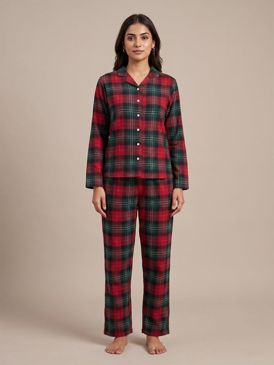 Fablush Front Open Full Sleeves Nightsuit Women's Nightwear Set | Fb17115 Brown Checks