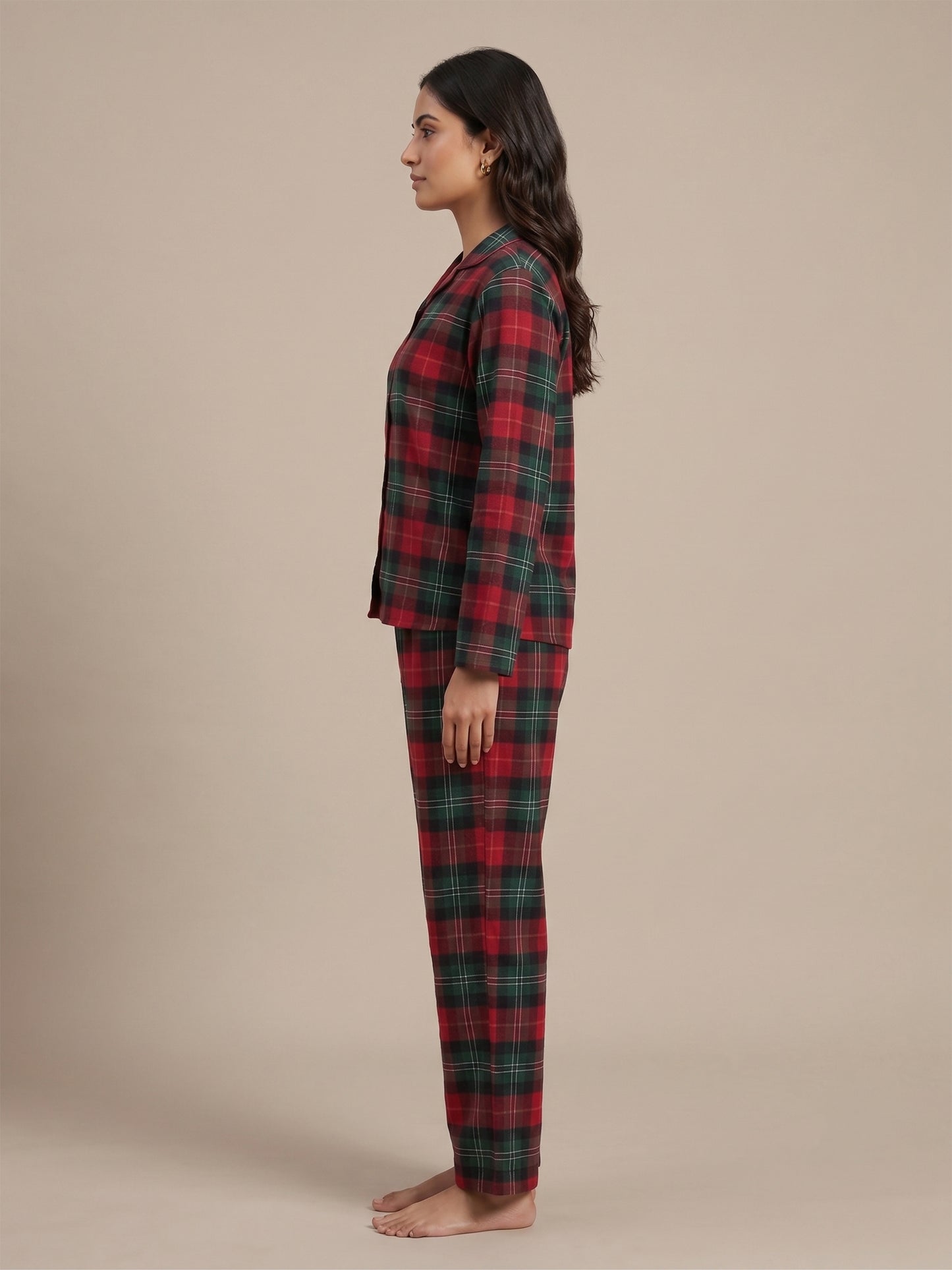 Fablush Front Open Full Sleeves Nightsuit Women's Nightwear Set | Fb17115 Brown Checks
