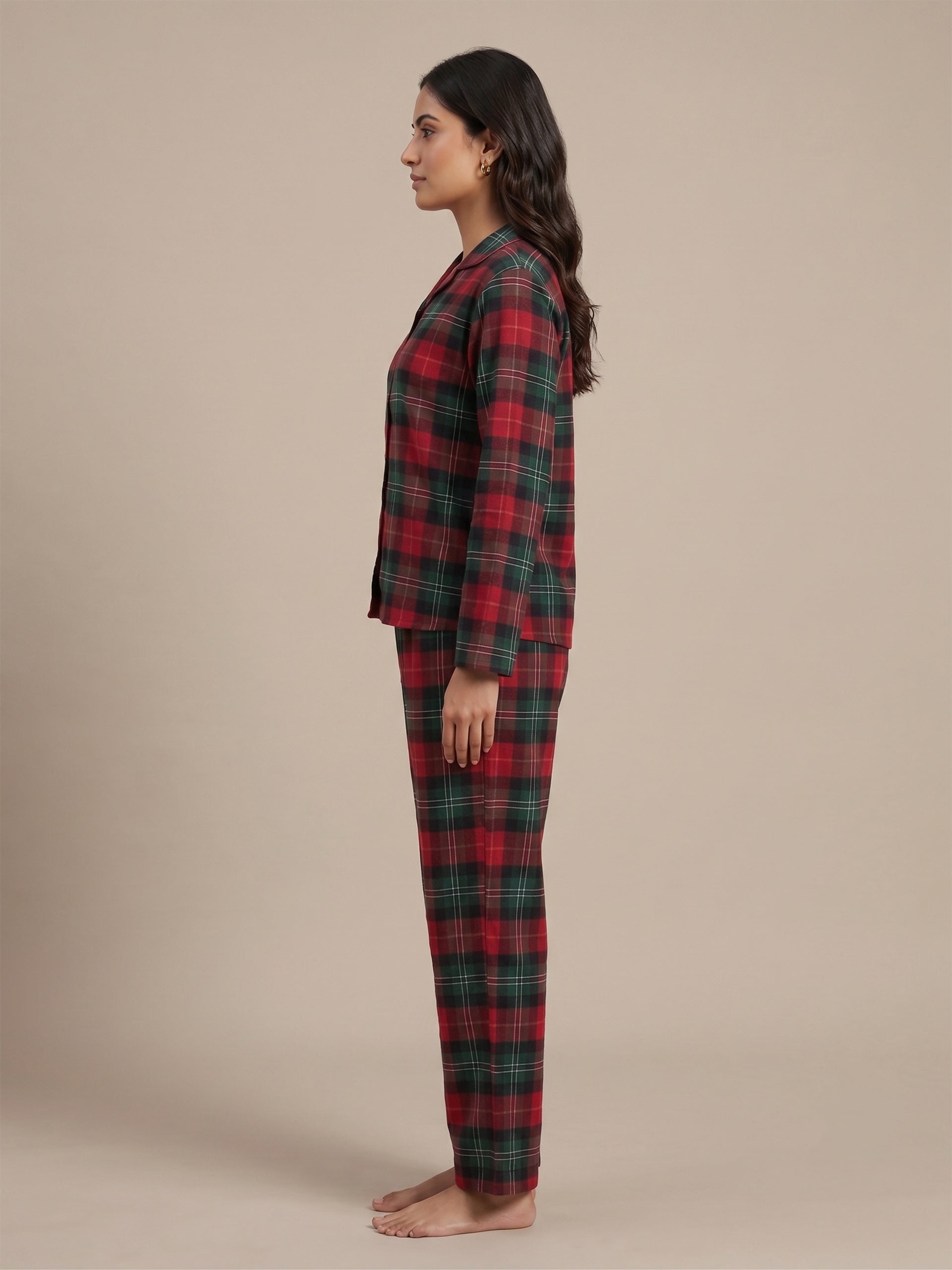 Fablush Front Open Full Sleeves Nightsuit Women's Nightwear Set | Fb17115 Brown Checks