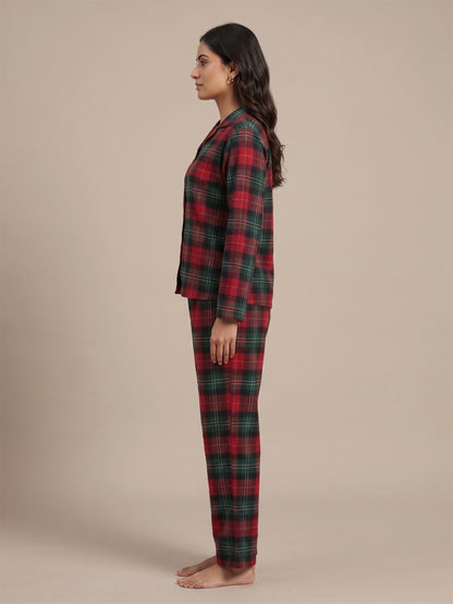 Fablush Front Open Full Sleeves Nightsuit Women's Nightwear Set | Fb17115 Brown Checks