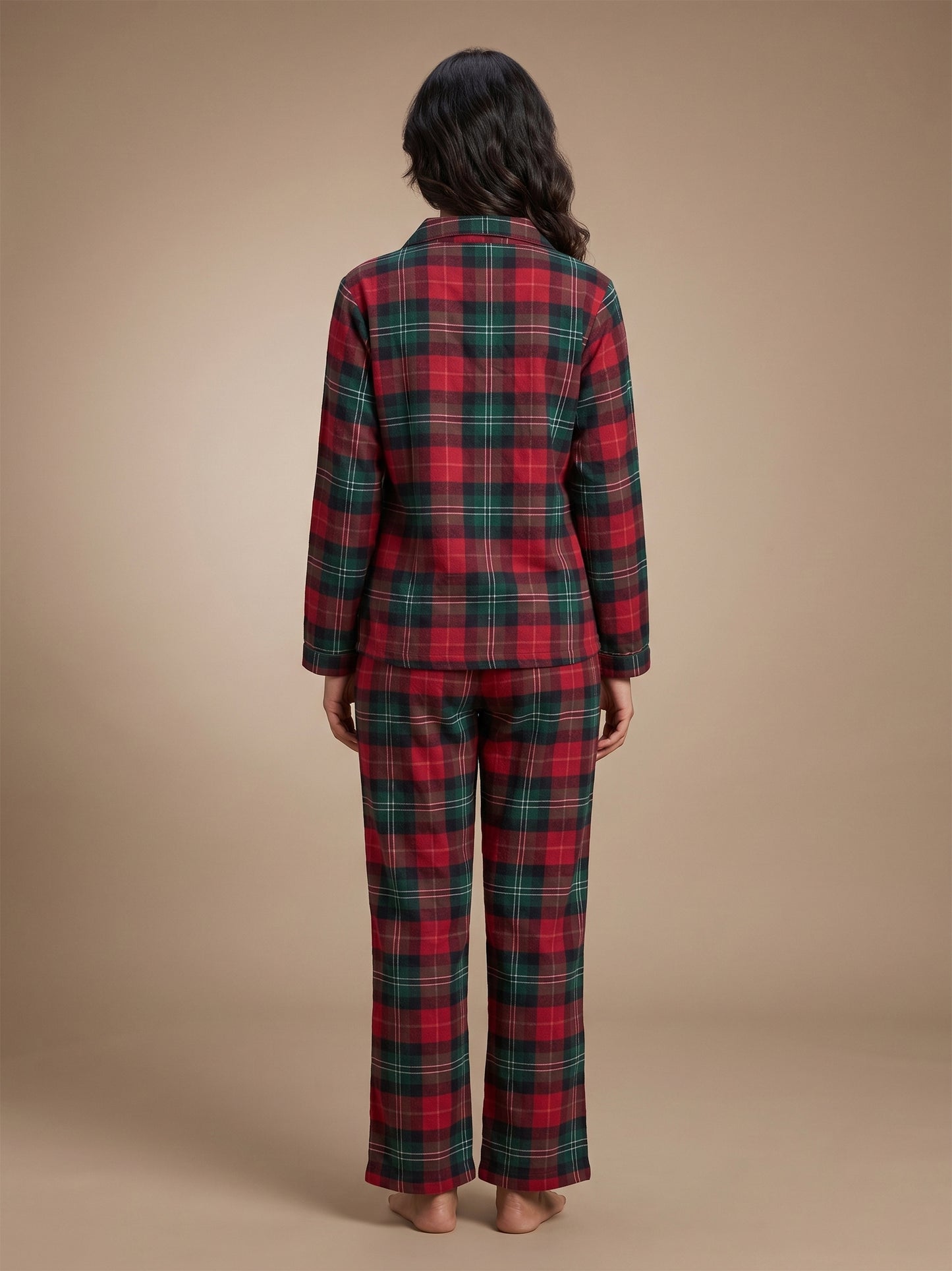Fablush Front Open Full Sleeves Nightsuit Women's Nightwear Set | Fb17115 Brown Checks
