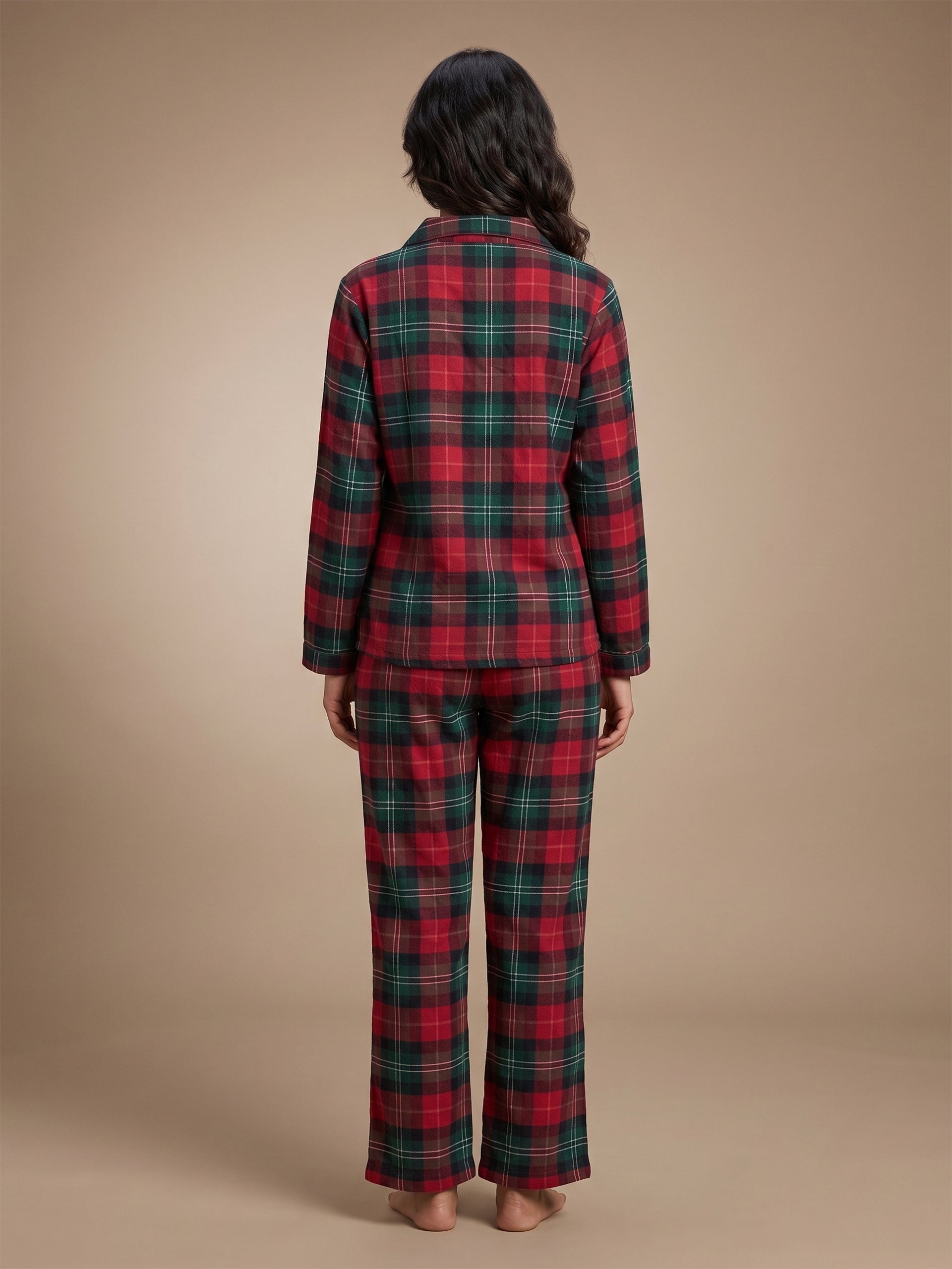 Fablush Front Open Full Sleeves Nightsuit Women's Nightwear Set | Fb17115 Brown Checks
