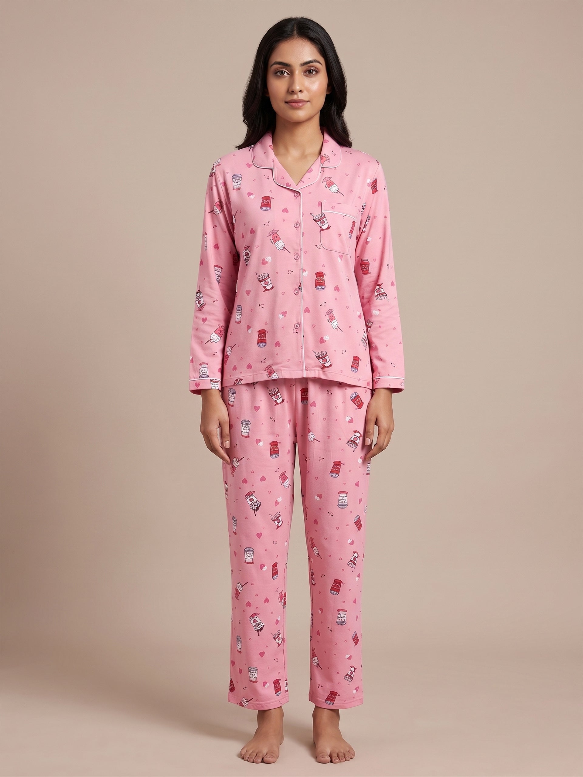 Fablush Women’s Front Open Full Sleeves Nightsuit | Viscose Lycra Nightwear Set with Notch Collar & Flared Pants | Fb17117