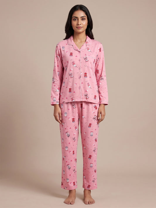Fablush Women’s Front Open Full Sleeves Nightsuit | Viscose Lycra Nightwear Set with Notch Collar & Flared Pants | Fb17117