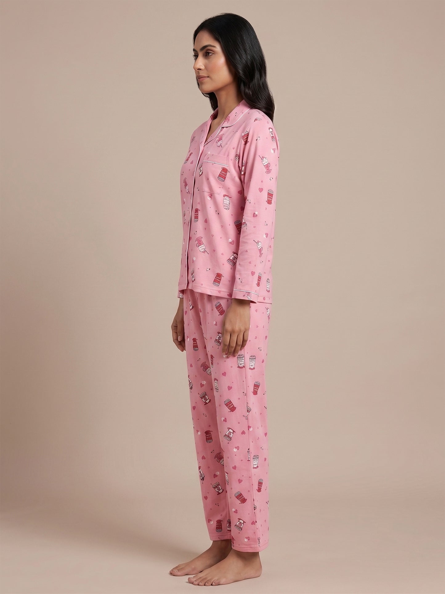 Fablush Women’s Front Open Full Sleeves Nightsuit | Viscose Lycra Nightwear Set with Notch Collar & Flared Pants | Fb17117