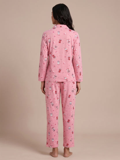 Fablush Women’s Front Open Full Sleeves Nightsuit | Viscose Lycra Nightwear Set with Notch Collar & Flared Pants | Fb17117