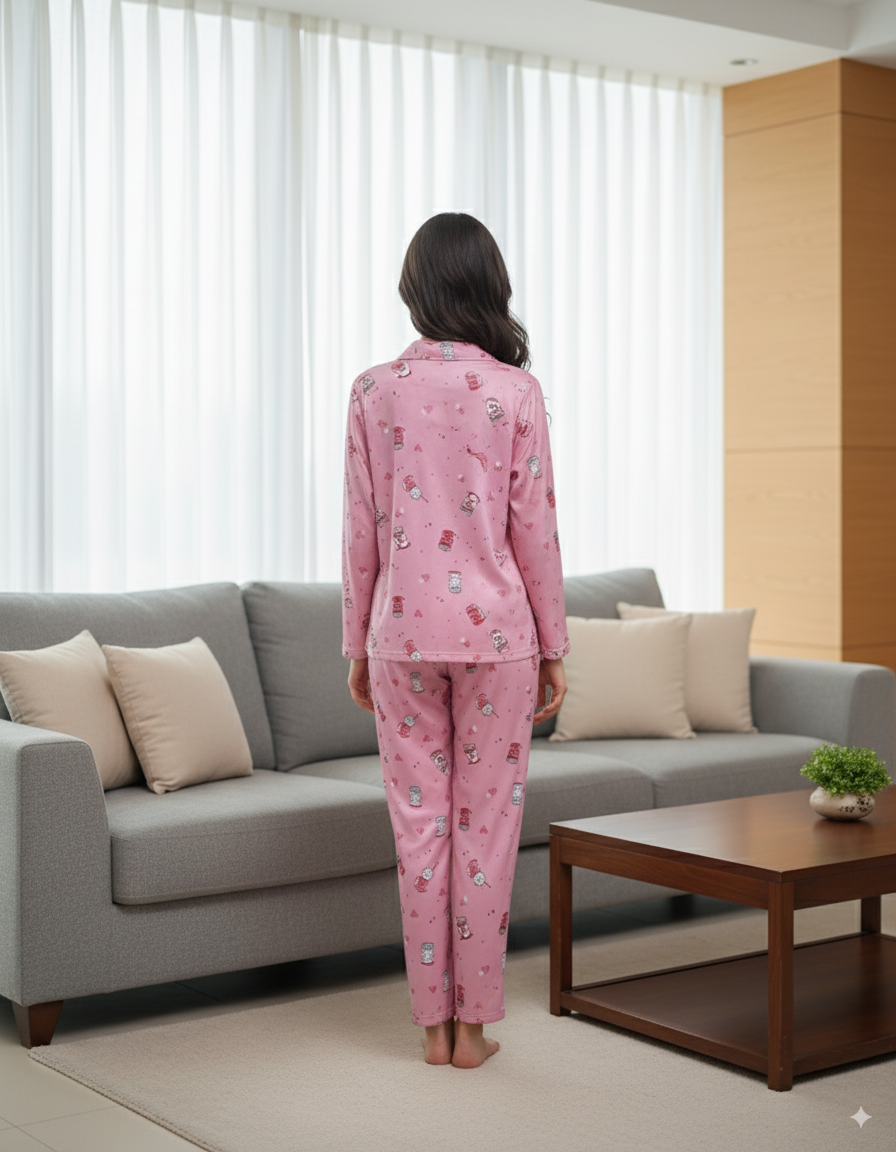 Fablush Women’s Front Open Full Sleeves Nightsuit |  Viscose Lycra Nightwear Set with Notch Collar & Flared Pants | Fb17117