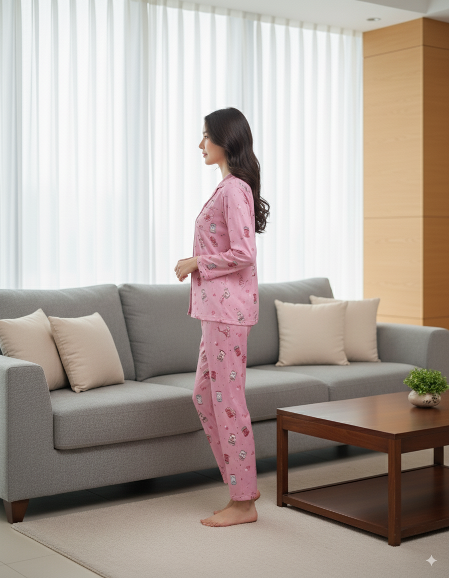 Fablush Women’s Front Open Full Sleeves Nightsuit |  Viscose Lycra Nightwear Set with Notch Collar & Flared Pants | Fb17117