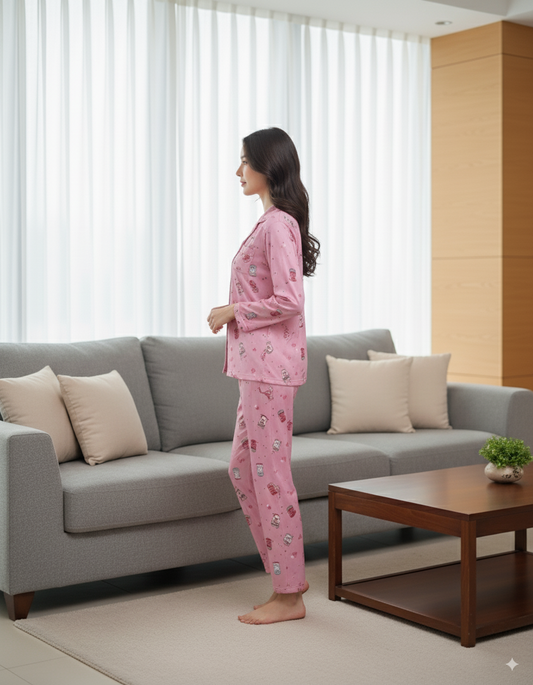 Fablush Women’s Front Open Full Sleeves Nightsuit |  Viscose Lycra Nightwear Set with Notch Collar & Flared Pants | Fb17117