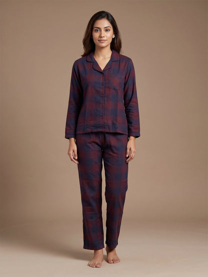 Fablush Women’s Front Open Full Sleeves Nightsuit Set | 100% Cotton | Fb17119 Red Checks