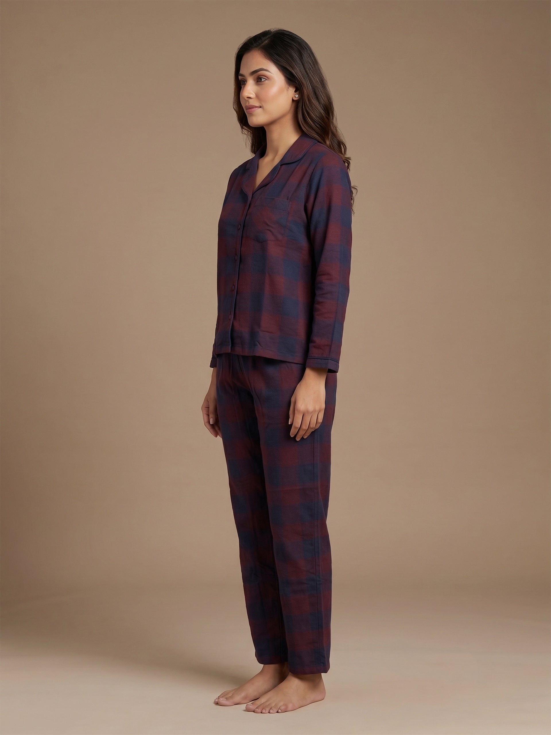 Fablush Women’s Front Open Full Sleeves Nightsuit Set | 100% Cotton | Fb17119 Red Checks