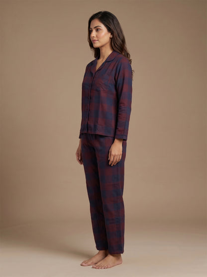 Fablush Women’s Front Open Full Sleeves Nightsuit Set | 100% Cotton | Fb17119 Red Checks
