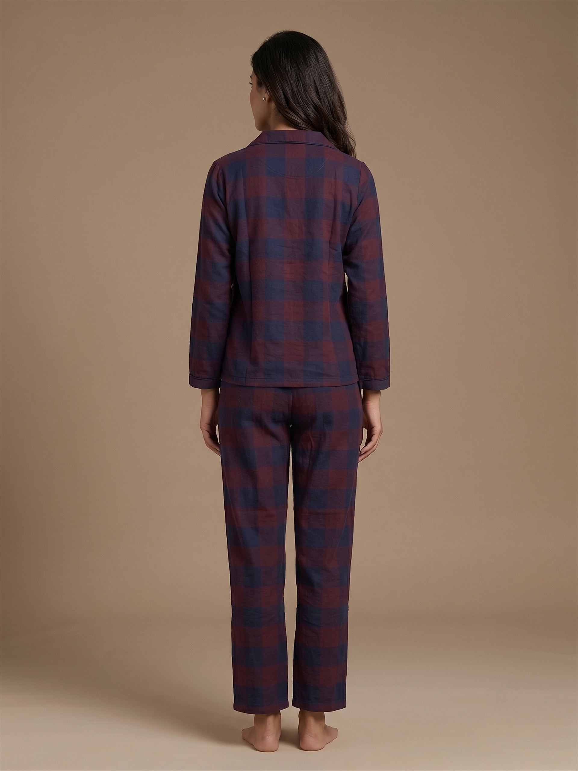 Fablush Women’s Front Open Full Sleeves Nightsuit Set | 100% Cotton | Fb17119 Red Checks