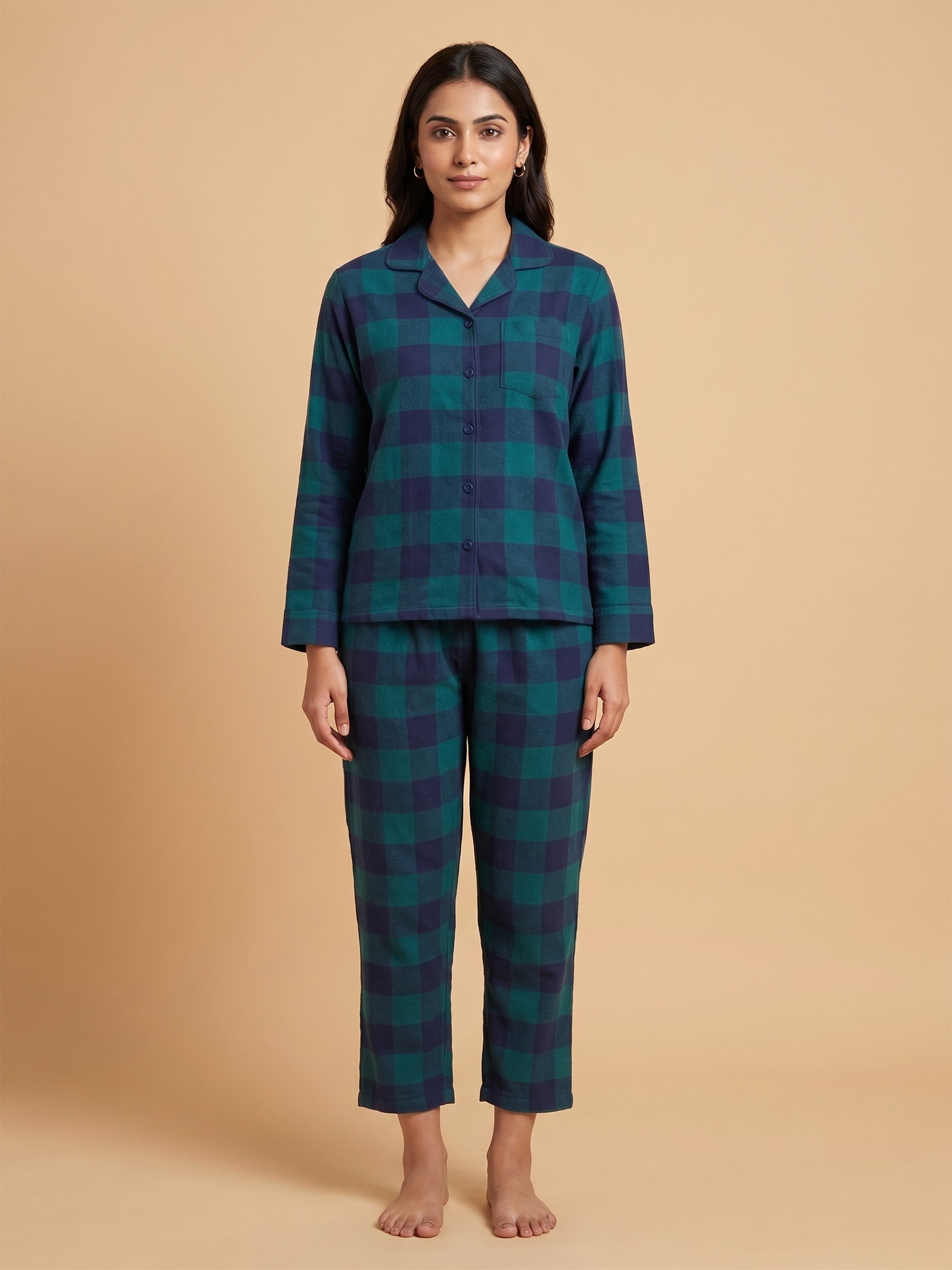 Fablush Women’s Front Open Full Sleeves Nightsuit Set | 100% Cotton | Fb17119 Green Checks