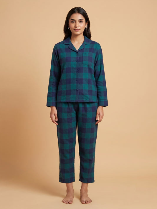 Fablush Women’s Front Open Full Sleeves Nightsuit Set | 100% Cotton | Fb17119 Green Checks