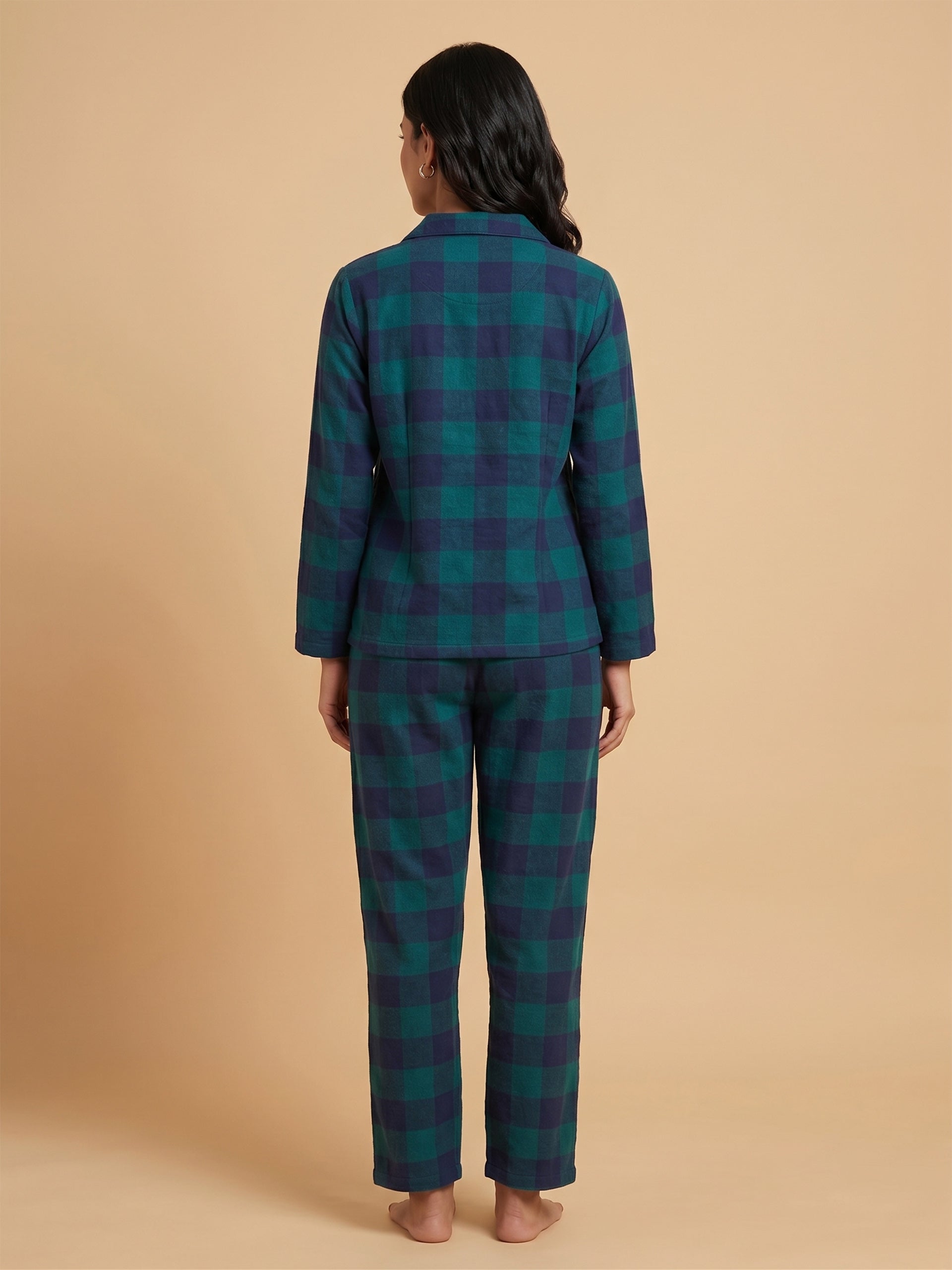 Fablush Women’s Front Open Full Sleeves Nightsuit Set | 100% Cotton | Fb17119 Green Checks