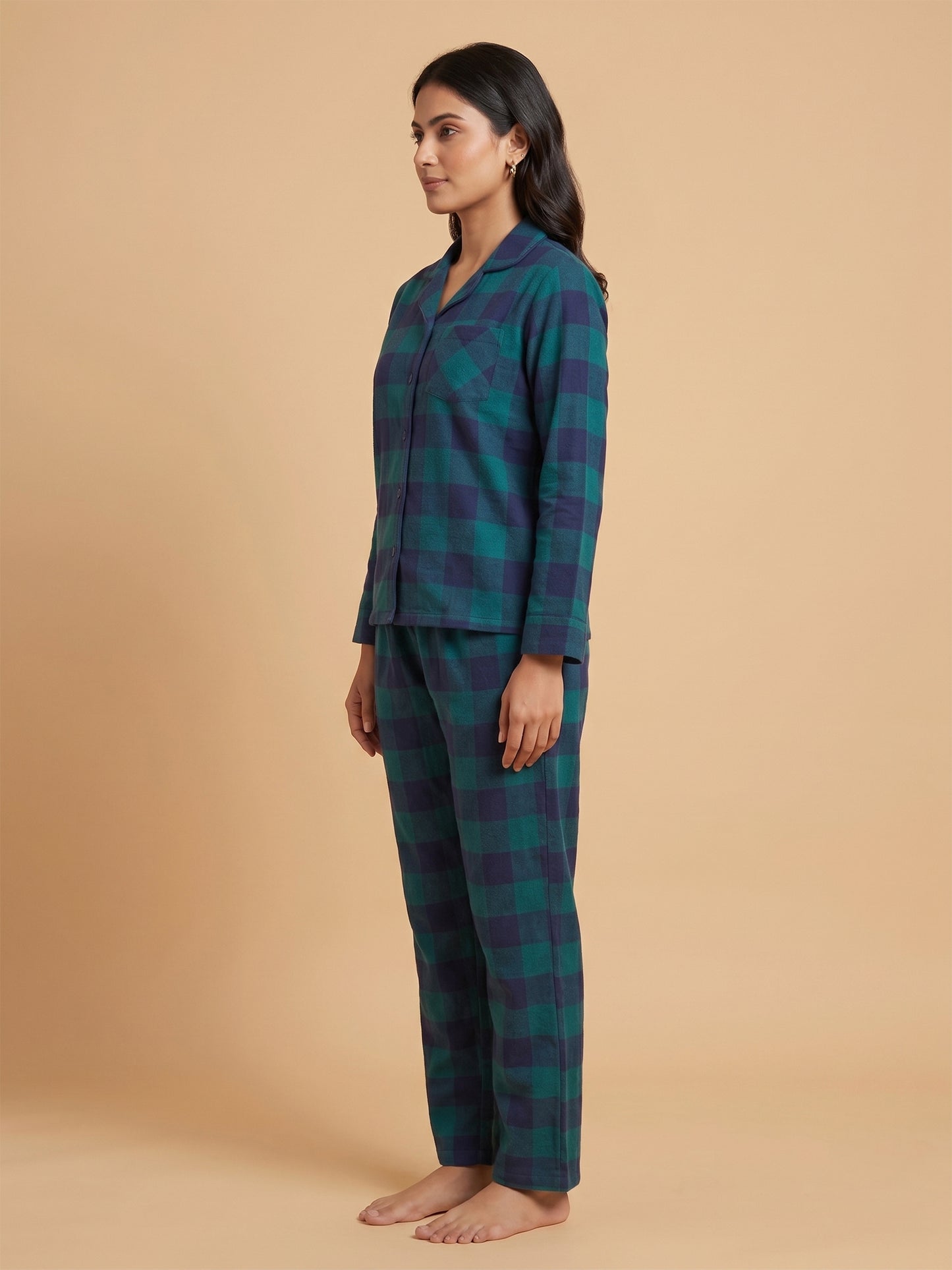 Fablush Women’s Front Open Full Sleeves Nightsuit Set | 100% Cotton | Fb17119 Green Checks