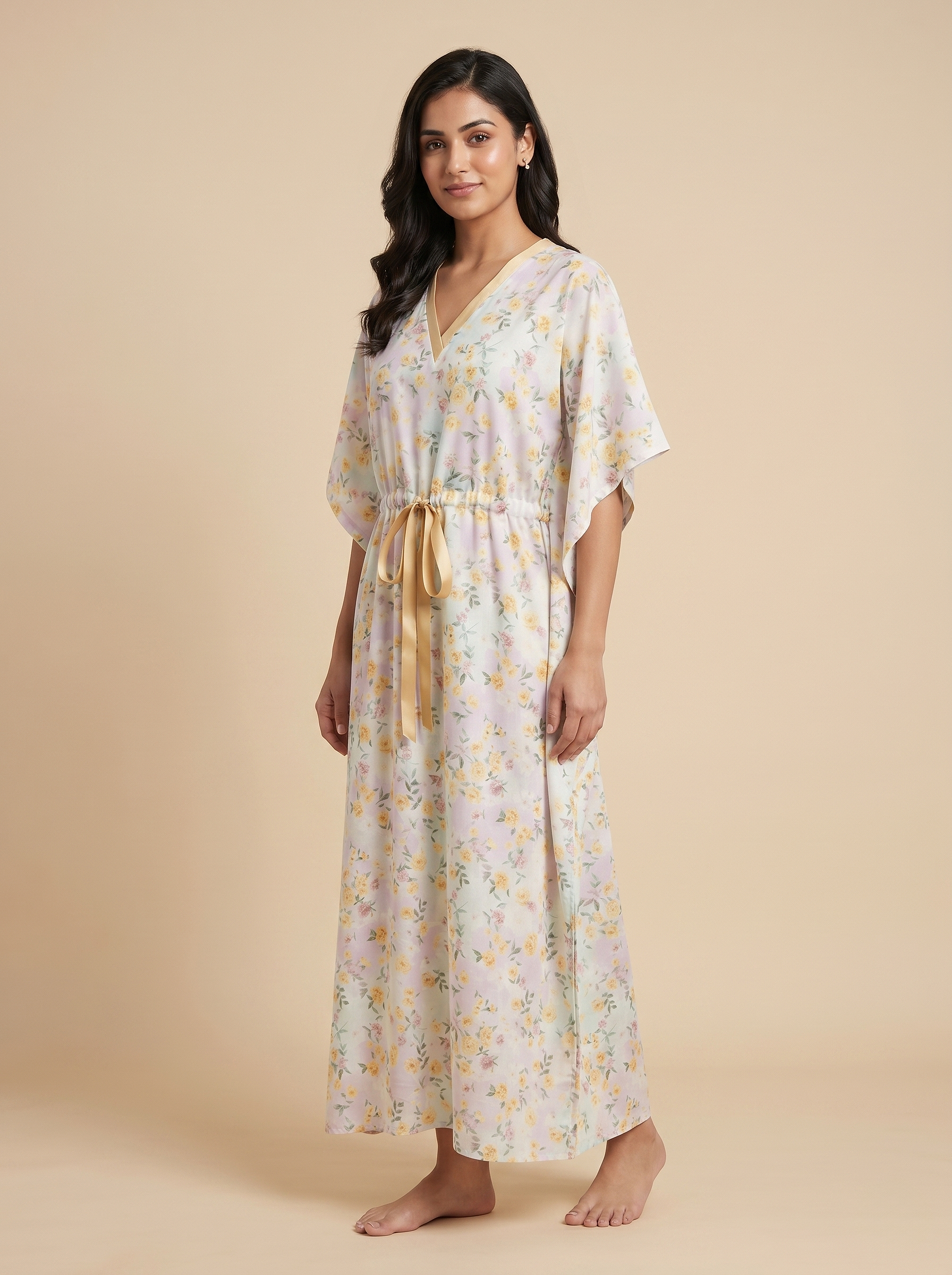 Fablush Women’s Long Kaftan Nightwear | 100% Rayon Soft Breathable Sleepwear | FB18018 Pastel Multi Color