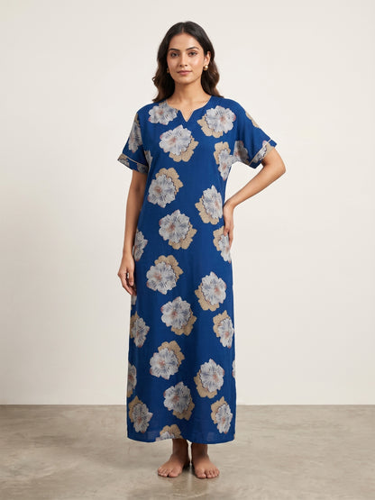 Fablush Women’s Cotton Rich Nighty | Soft Breathable Lounge & Sleepwear | FB18020 Blue