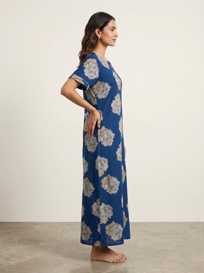 Fablush Women’s Cotton Rich Nighty | Soft Breathable Lounge & Sleepwear | FB18020 Blue