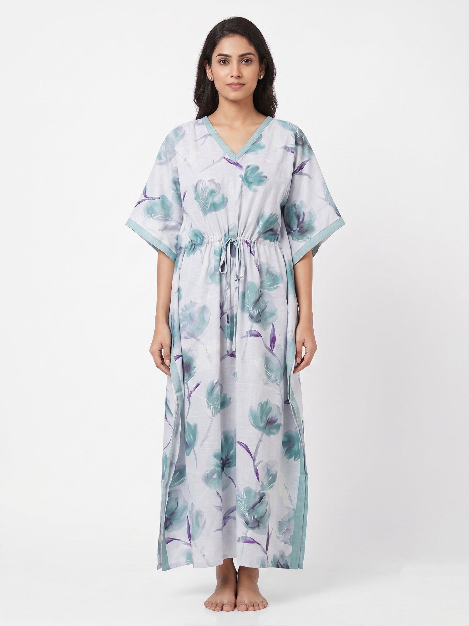 Fablush Women's 100% Rayon Long Kaftan Nightwear | Soft Printed Lounge Wear | FB18022 Green Print