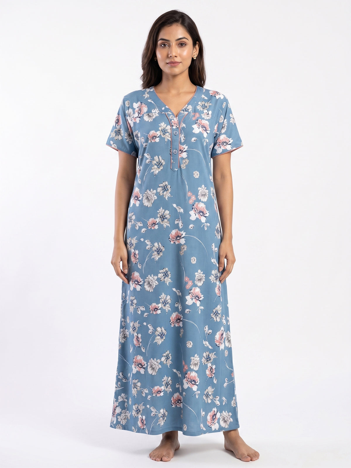 Fablush Women's Polyester Viscose Lycra Long Nighty | Blue Printed Maxi Nightgown | FB18023 Blue Print