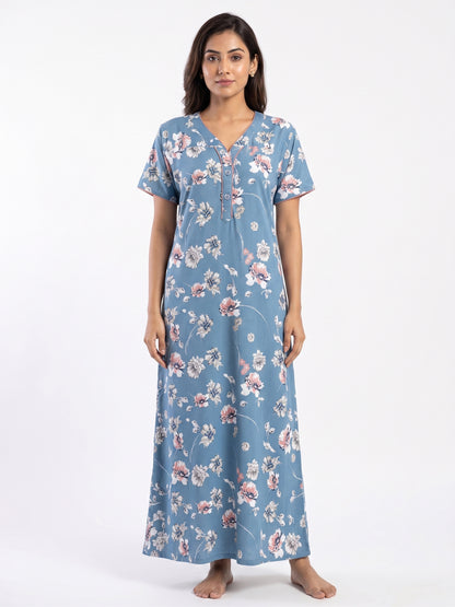 Fablush Women's Polyester Viscose Lycra Long Nighty | Blue Printed Maxi Nightgown | FB18023 Blue Print