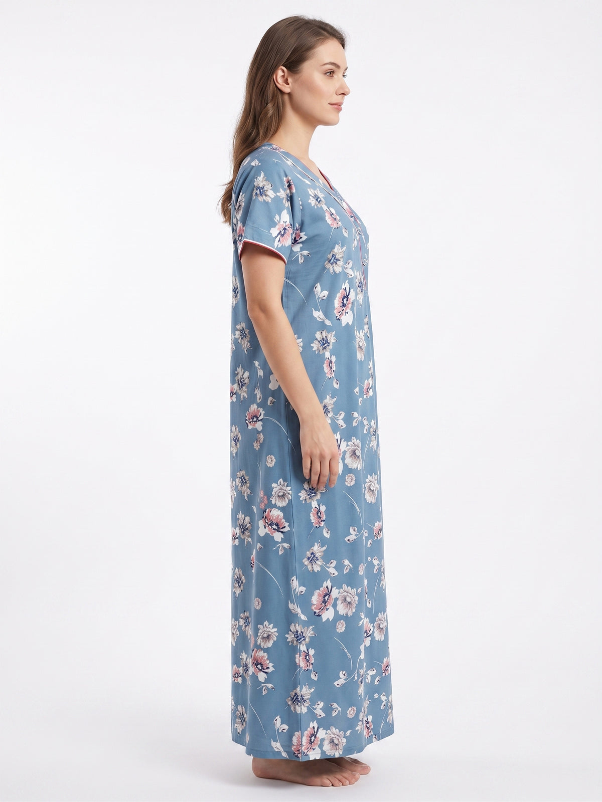 Fablush Women's Polyester Viscose Lycra Long Nighty | Blue Printed Maxi Nightgown | FB18023 Blue Print