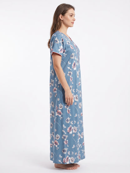 Fablush Women's Polyester Viscose Lycra Long Nighty | Blue Printed Maxi Nightgown | FB18023 Blue Print