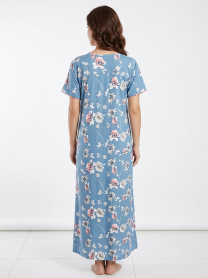 Fablush Women's Polyester Viscose Lycra Long Nighty | Blue Printed Maxi Nightgown | FB18023 Blue Print