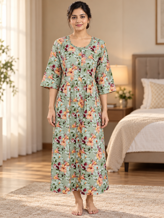 Fablush Women's Maternity Feeding Nighty | Printed Long Nursing Nightgown | FB18024