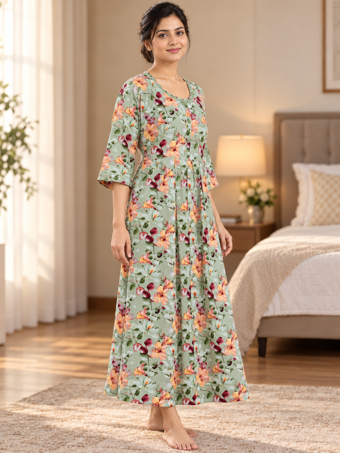Fablush Women's Maternity Feeding Nighty | Printed Long Nursing Nightgown | FB18024