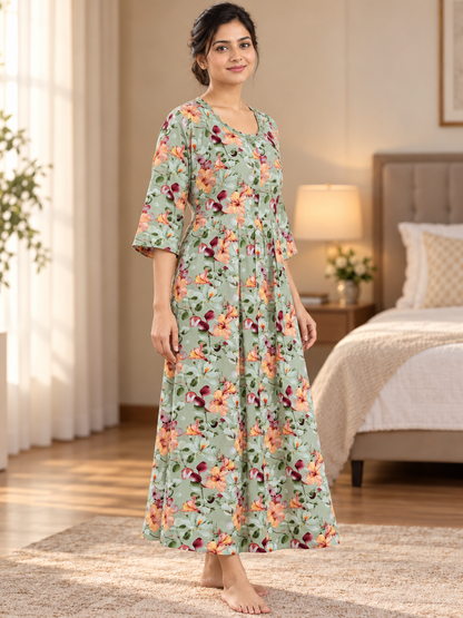 Fablush Women's Maternity Feeding Nighty | Printed Long Nursing Nightgown | FB18024