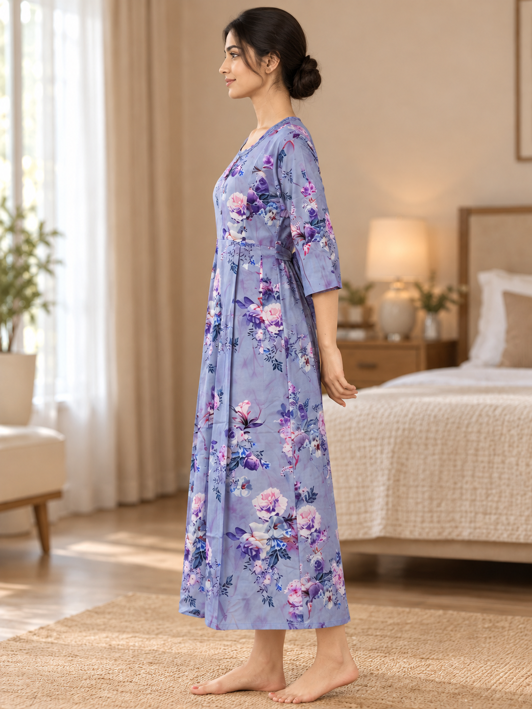 Fablush Women's Maternity Feeding Nighty | Printed Long Nursing Nightgown | FB18024