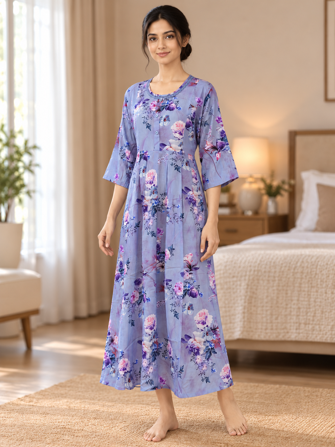 Fablush Women's Maternity Feeding Nighty | Printed Long Nursing Nightgown | FB18024