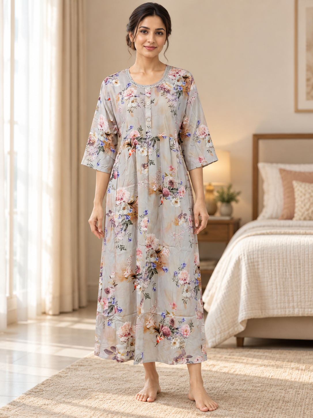 Fablush Women's Maternity Feeding Nighty | Printed Long Nursing Nightgown | FB18024