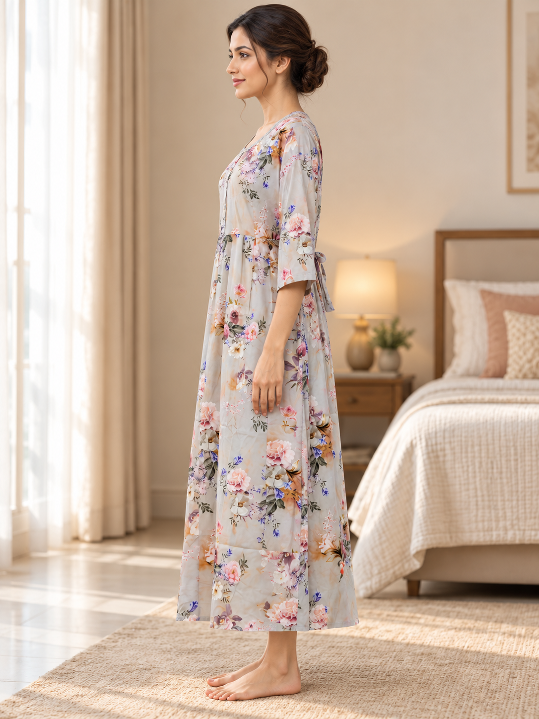 Fablush Women's Maternity Feeding Nighty | Printed Long Nursing Nightgown | FB18024