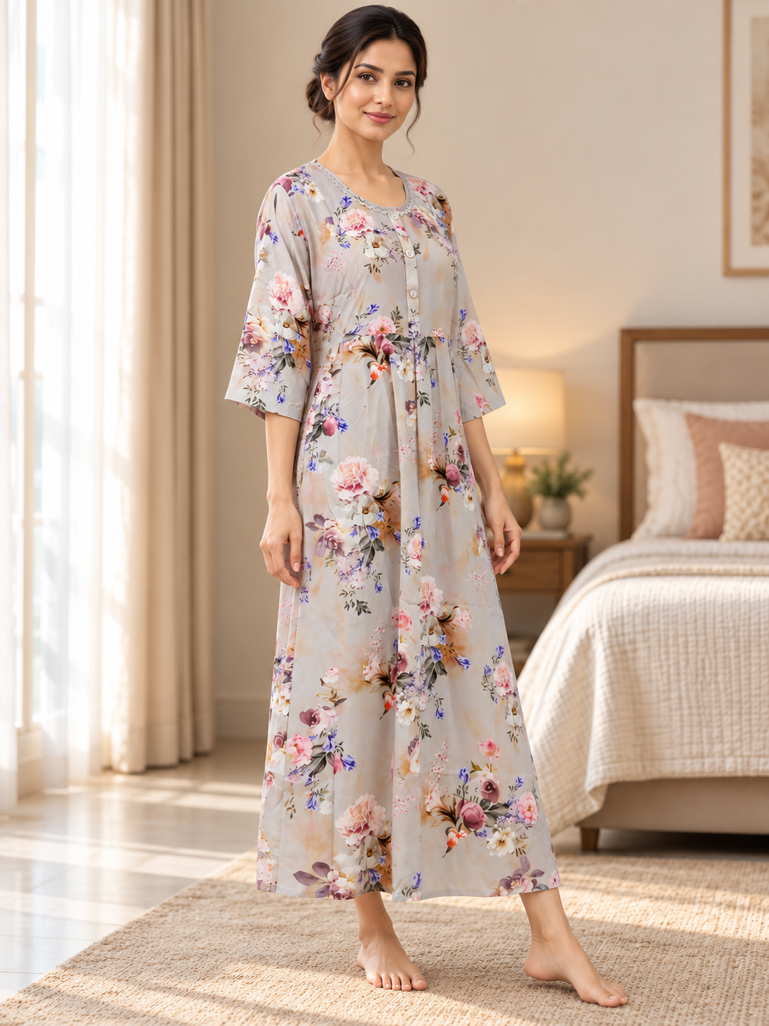 Fablush Women's Maternity Feeding Nighty | Printed Long Nursing Nightgown | FB18024