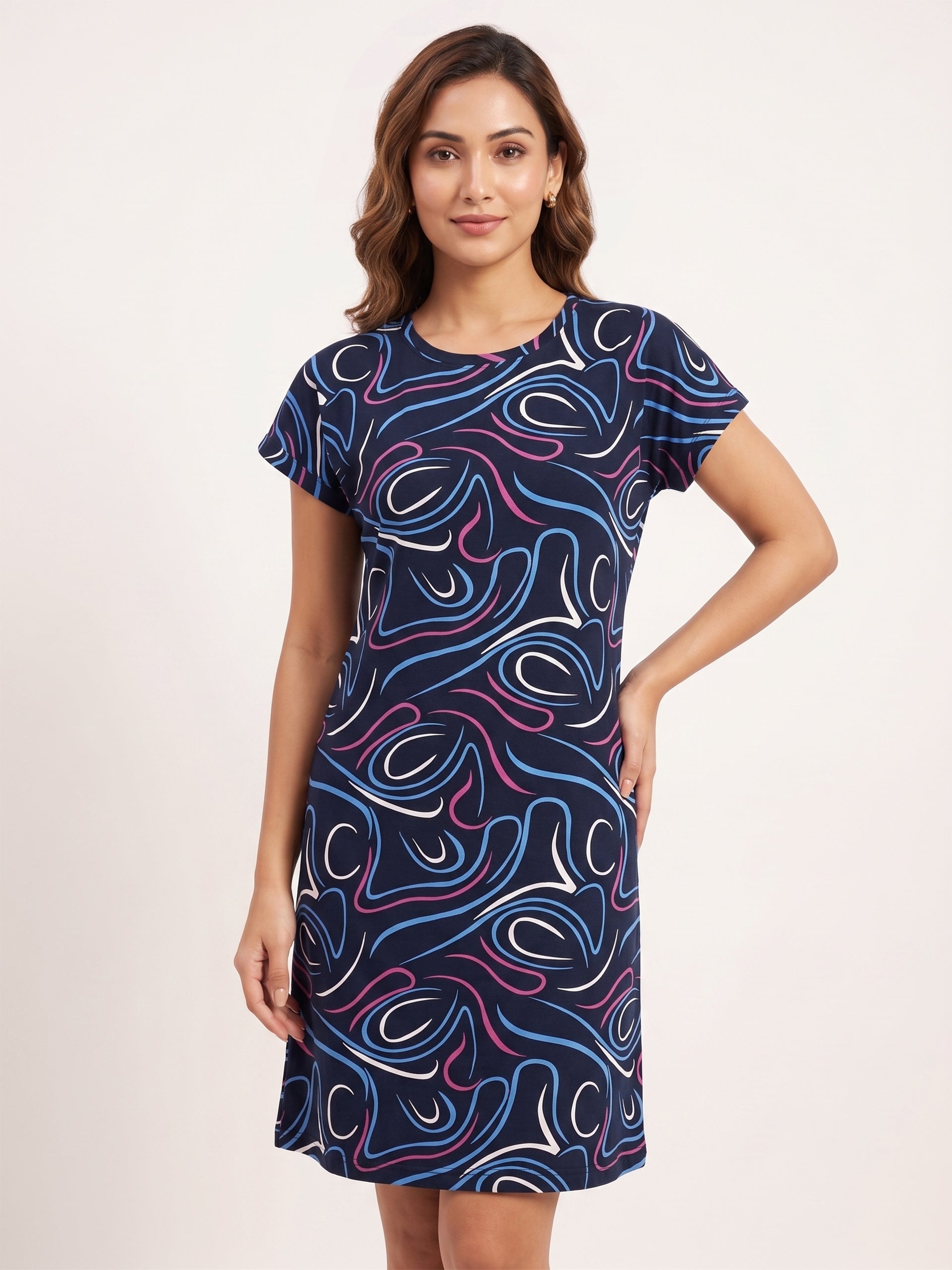 Fablush Women's 100% Cotton Short Nighty | Soft Printed Knee Length Nightdress | Breathable Sleepwear | FB19004
