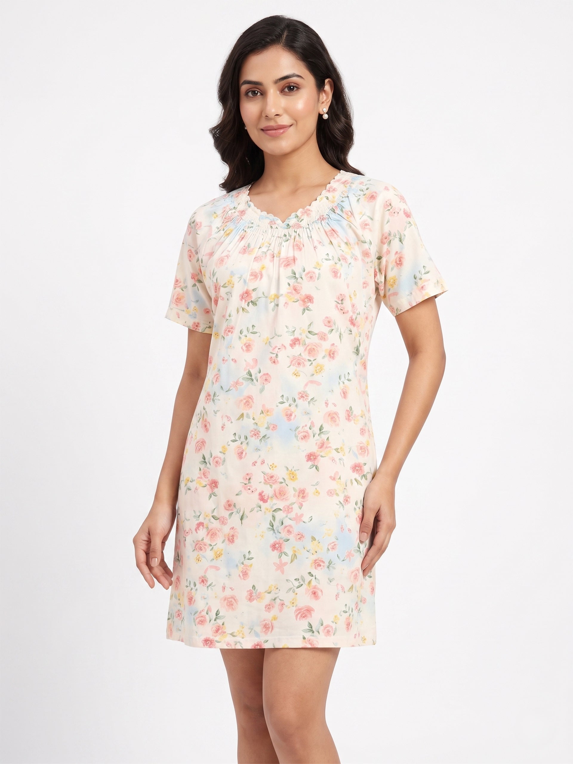 Fablush Women's 100% Rayon Short Nighty Nightwear | Soft Floral Printed Sleepwear | FB19005